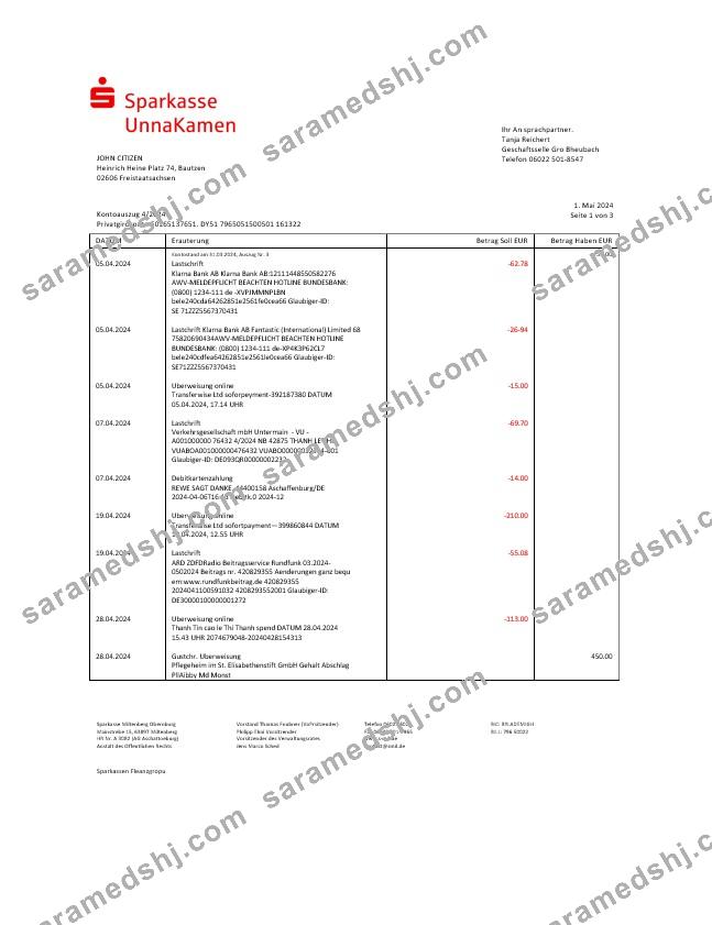 Germany Sparkasse UnnaKamen bank statement Word and PDF template